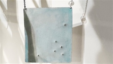 Natalia Milosz-Piekarska, Sky, dissolved, 2025, brass, pearl, paint, oxidised sterling silver, 50mm x 70mm hung 420mm long.jpg